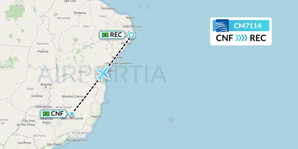 CM7114 Copa Airlines Flight Map: Belo Horizonte to Recife