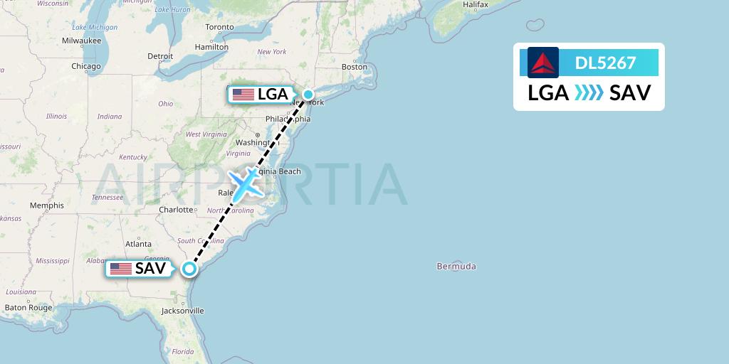 DL5267 Delta Air Lines Flight Map: New York to Savannah