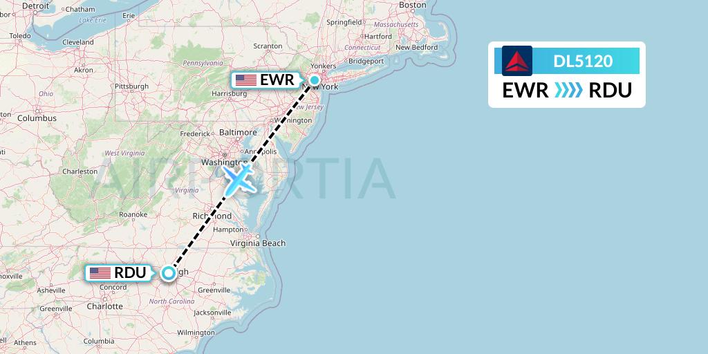 DL5120 Delta Air Lines Flight Map: New York to Raleigh-Durham
