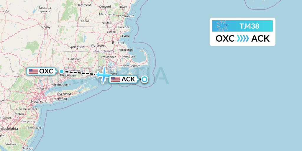 TJ438 Tradewind Aviation Flight Map: Oxford to Nantucket