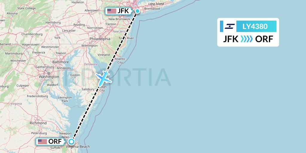 LY4380 El Al Flight Map: New York to Norfolk