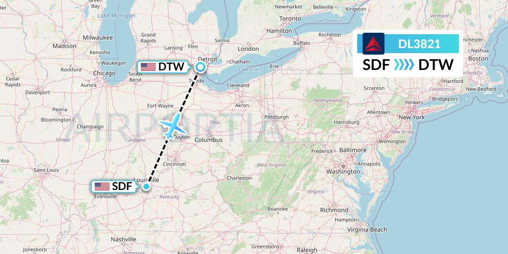 DL3821 Delta Air Lines Flight Map: Louisville to Detroit