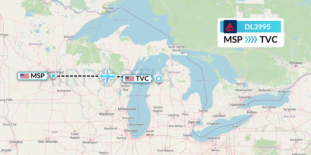 DL3995 Delta Air Lines Flight Map: Minneapolis to Traverse City