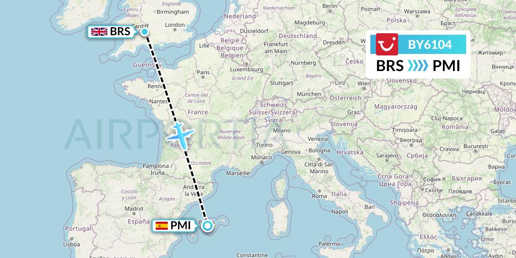BY6104 TUI Airways Flight Map: Bristol to Palma de Mallorca