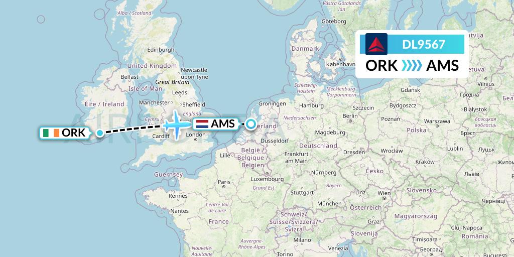 DL9567 Delta Air Lines Flight Map: Cork to Amsterdam