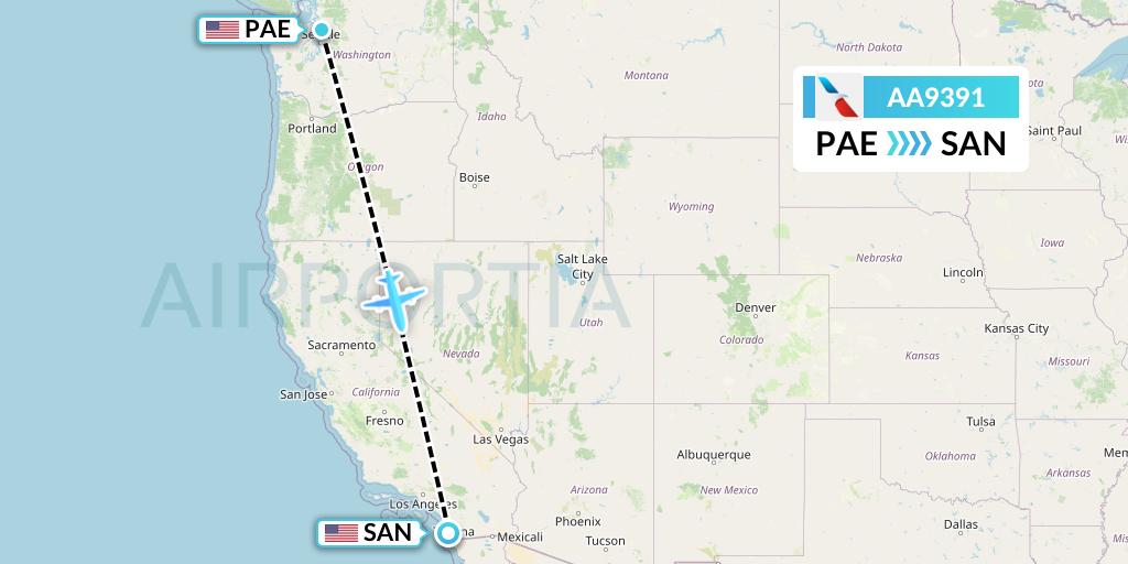 AA9391 American Airlines Flight Map: Everett to San Diego