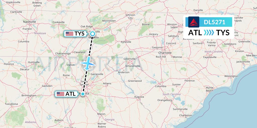 DL5271 Delta Air Lines Flight Map: Atlanta to Knoxville