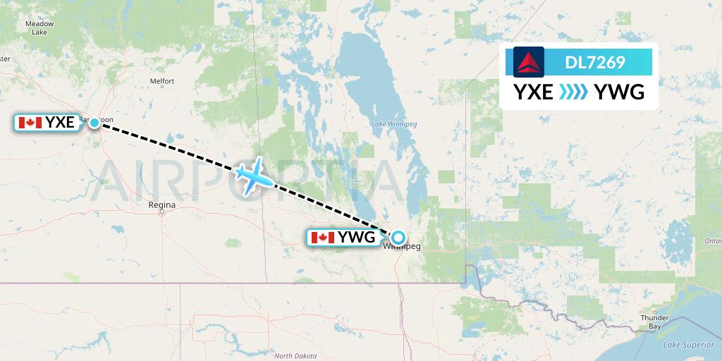 DL7269 Delta Air Lines Flight Map: Saskatoon to Winnipeg