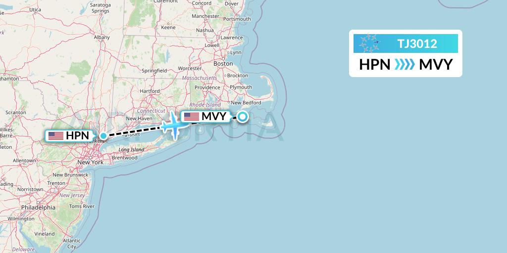 TJ3012 Tradewind Aviation Flight Map: White Plains to Martha's Vineyard