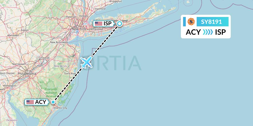 SY8191 Sun Country Airlines Flight Map: Atlantic City to Islip