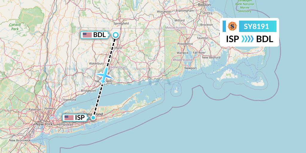 SY8191 Sun Country Airlines Flight Map: Islip to Windsor Locks