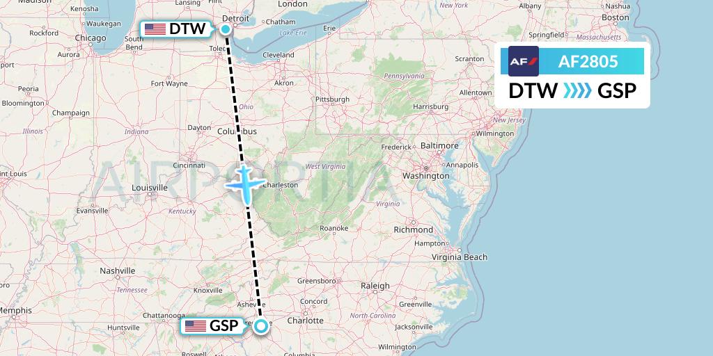 AF2805 Air France Flight Map: Detroit to Greenville-Spartanburg