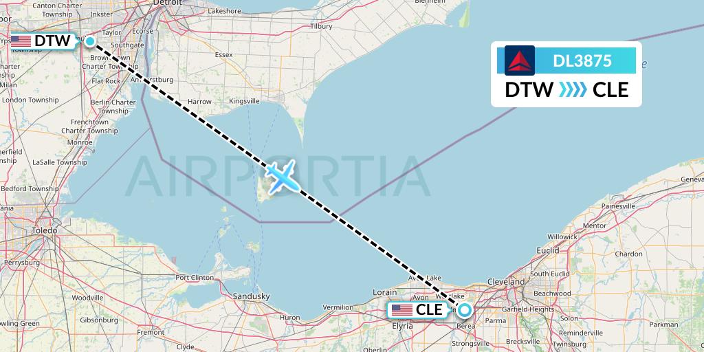 DL3875 Delta Air Lines Flight Map: Detroit to Cleveland