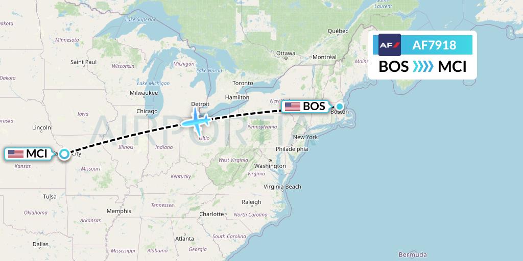 AF7918 Air France Flight Map: Boston to Kansas City