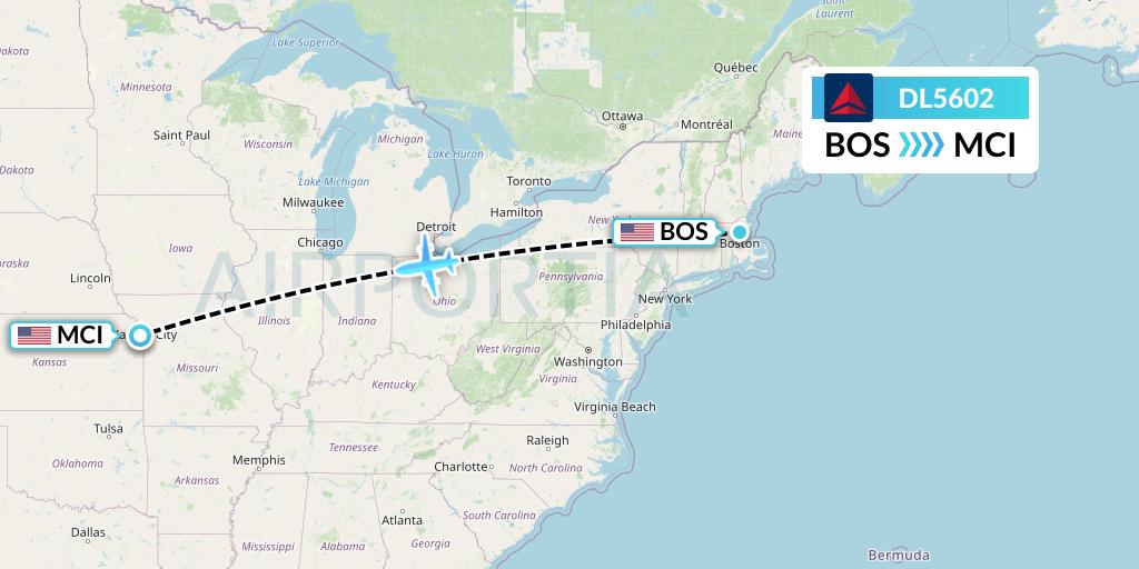 DL5602 Delta Air Lines Flight Map: Boston to Kansas City