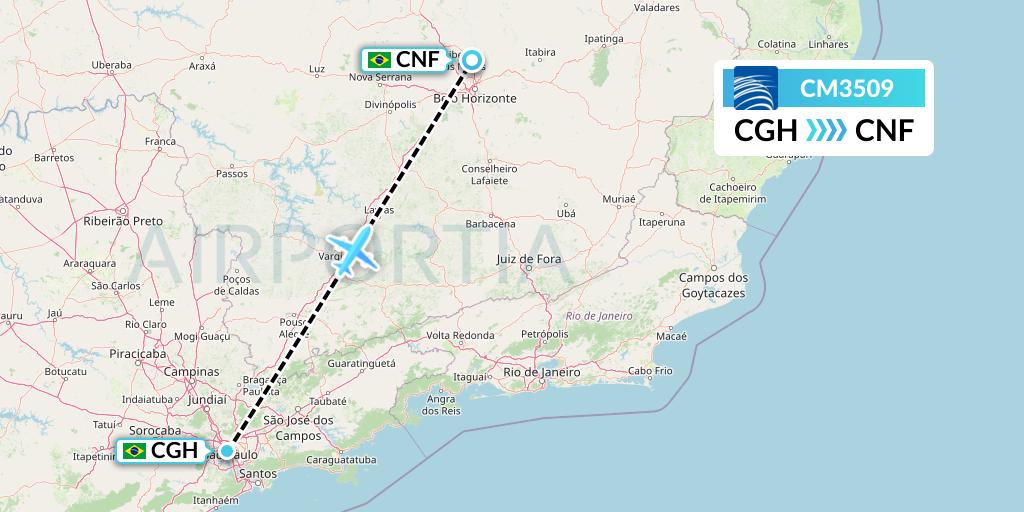 CM3509 Copa Airlines Flight Map: Sao Paulo to Belo Horizonte