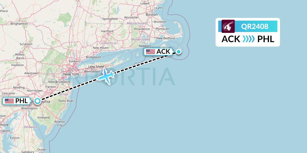 QR2408 Qatar Airways Flight Map: Nantucket to Philadelphia