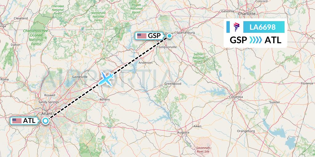 LA6698 LAN Airlines Flight Map: Greenville-Spartanburg to Atlanta