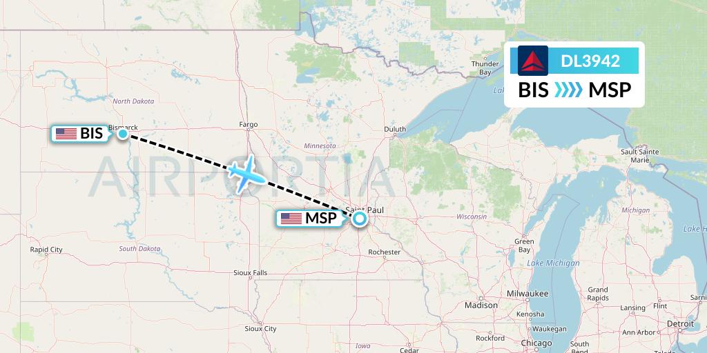 DL3942 Delta Air Lines Flight Map: Bismarck to Minneapolis
