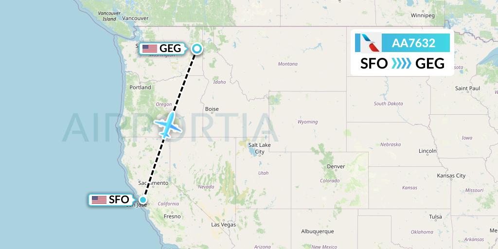 AA7632 American Airlines Flight Map: San Francisco to Spokane