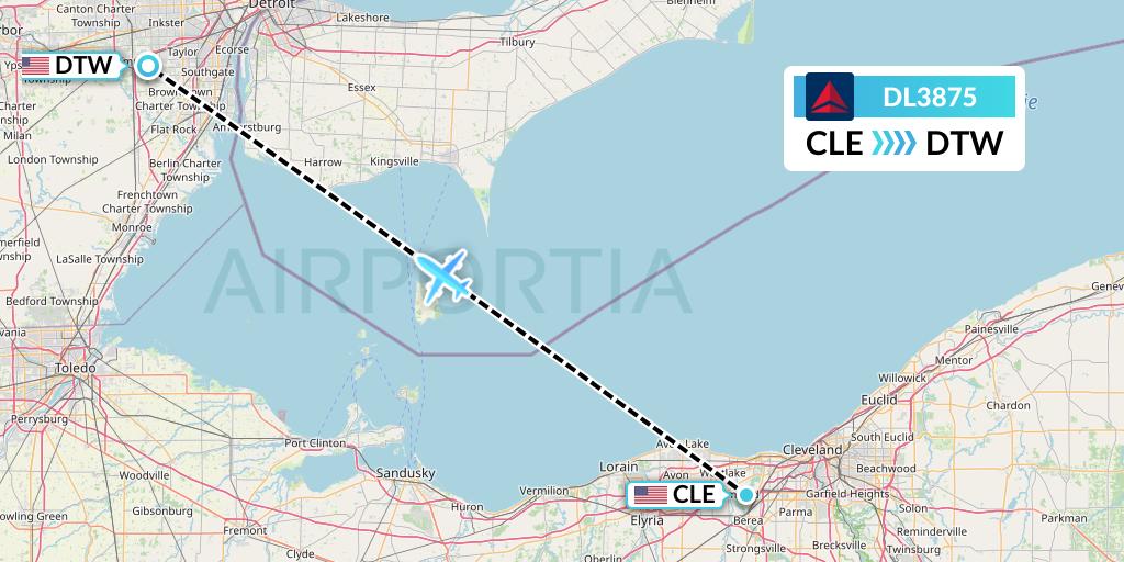 DL3875 Delta Air Lines Flight Map: Cleveland to Detroit