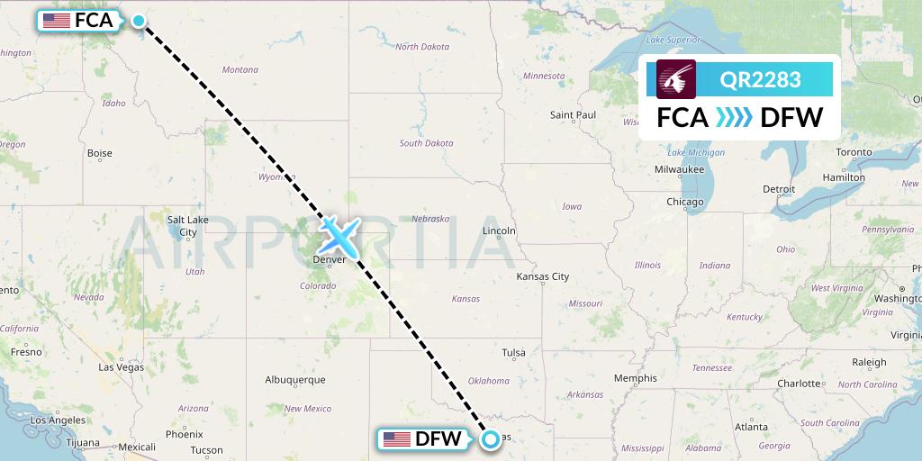 QR2283 Qatar Airways Flight Map: Kalispell to Dallas