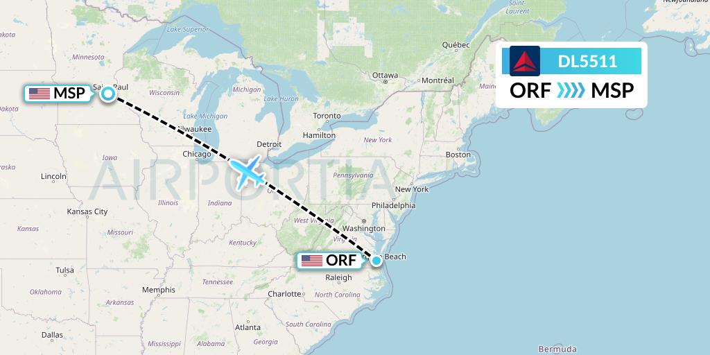 DL5511 Delta Air Lines Flight Map: Norfolk to Minneapolis