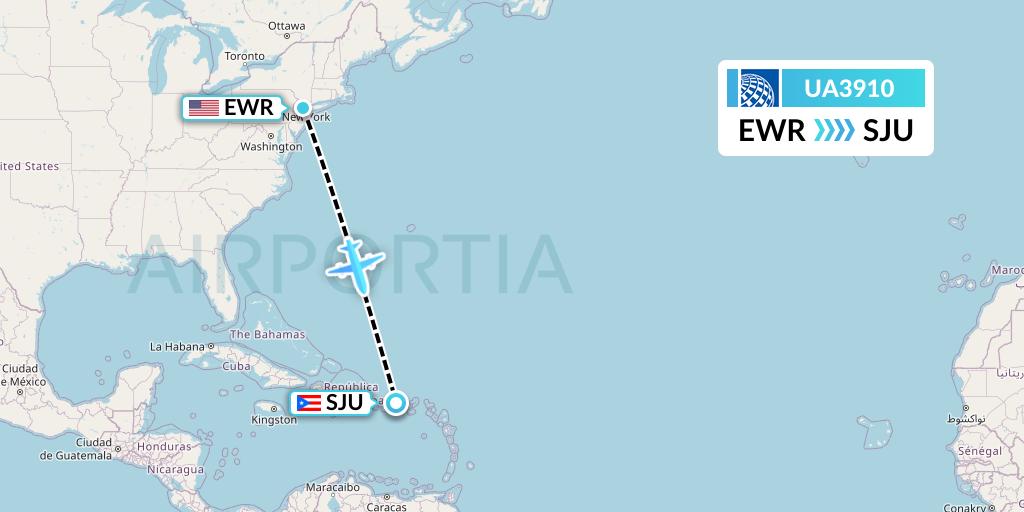 UA3910 United Airlines Flight Map: New York to San Juan
