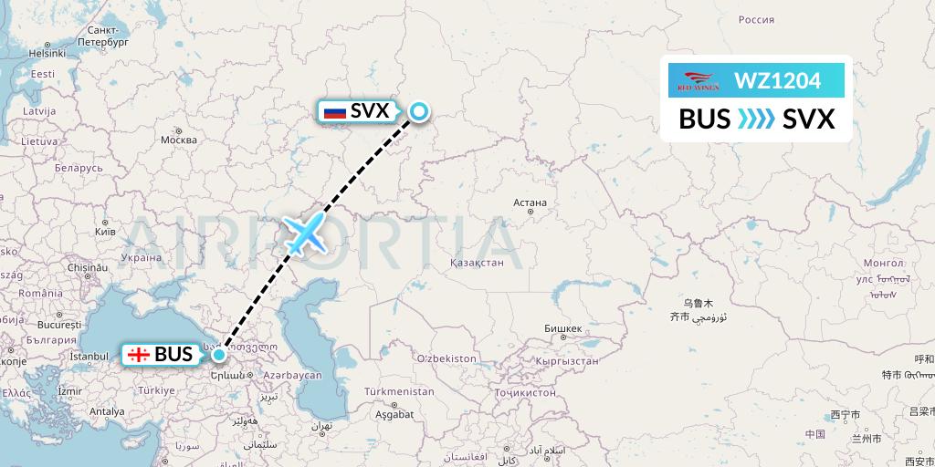 WZ1204 Red Wings Flight Map: Batumi to Yekaterinburg
