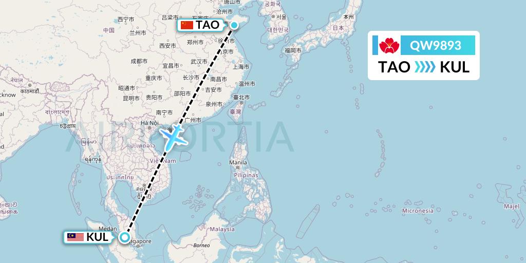 QW9893 Qingdao Airlines Flight Map: Qingdao to Kuala Lumpur