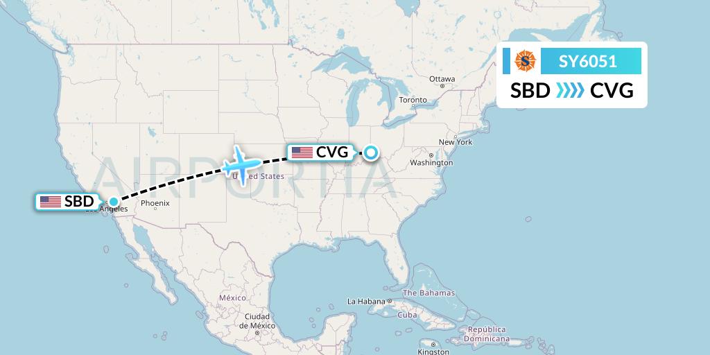 SY6051 Sun Country Airlines Flight Map: San Bernardino to Cincinnati