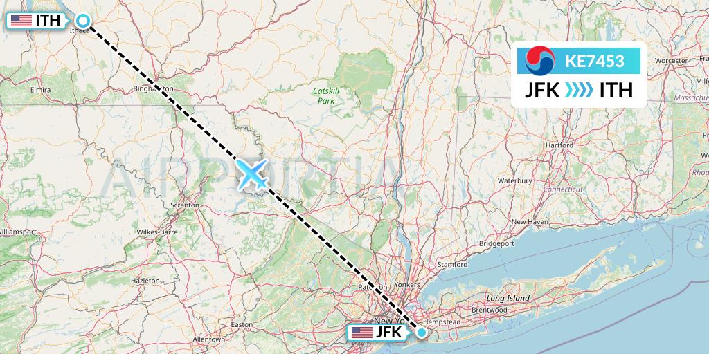 KE7453 Korean Air Flight Map: New York to Ithaca