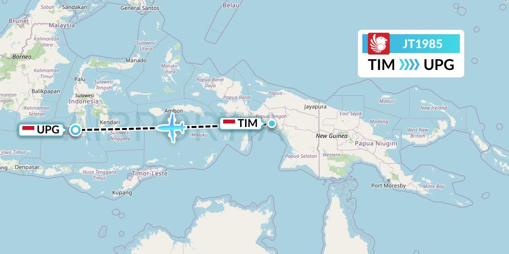 JT1985 Lion Airlines Flight Map: Timika to Makassar