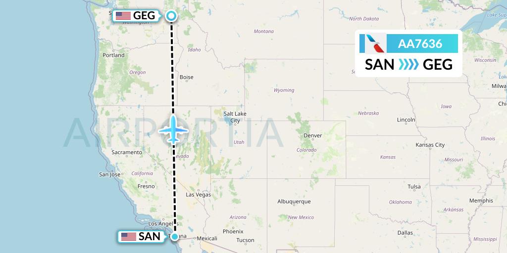 AA7636 American Airlines Flight Map: San Diego to Spokane