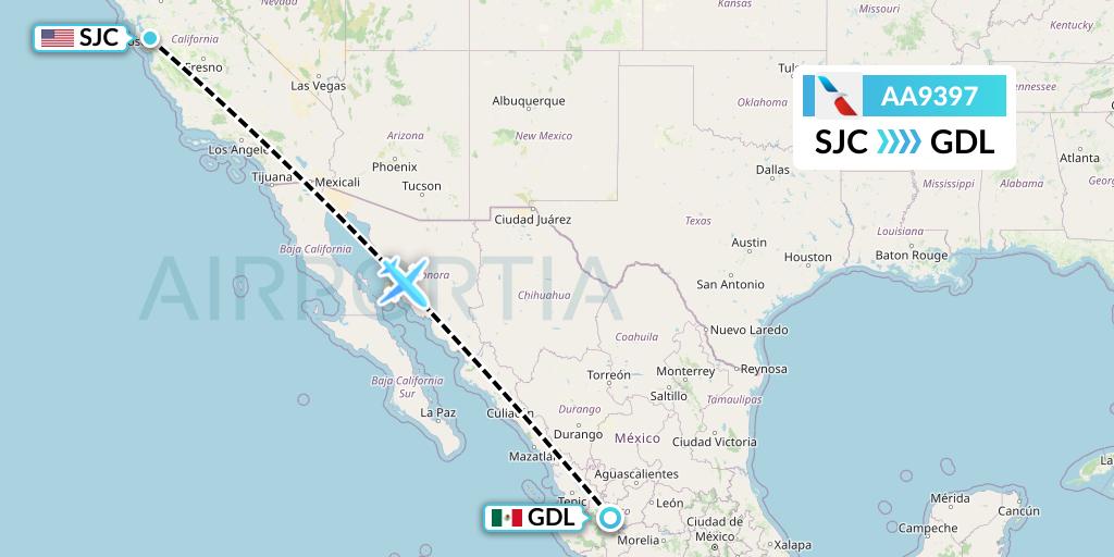 AA9397 American Airlines Flight Map: San Jose to Guadalajara