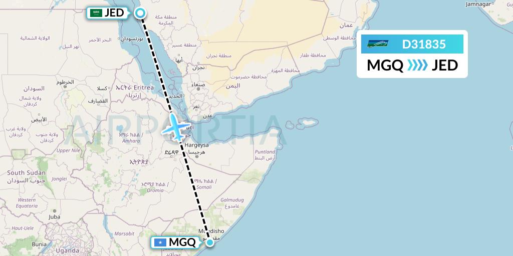 D31835 Daallo Airlines Flight Map: Mogadishu to Jeddah
