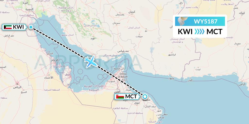 WY5187 Oman Air Flight Map: Kuwait City to Muscat