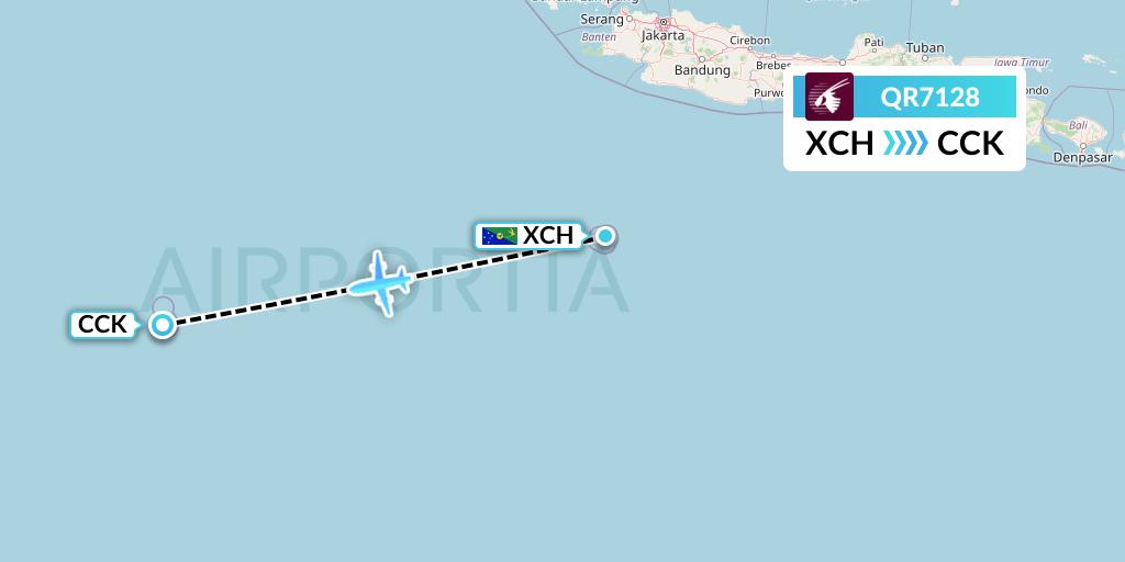 QR7128 Qatar Airways Flight Map: Christmas Island to Cocos Islands