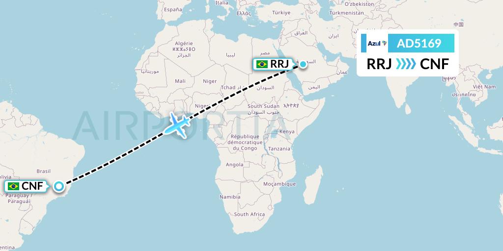 AD5169 Azul Brazilian Airlines Flight Map: Rio de Janeiro to Belo Horizonte