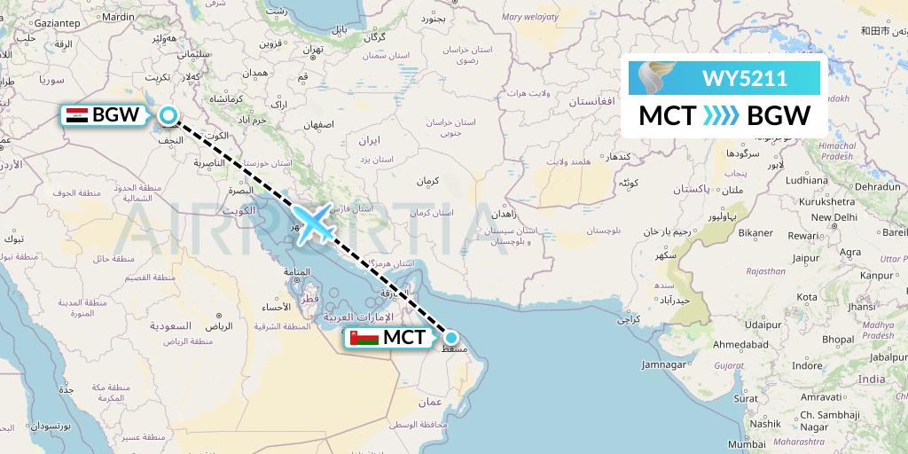 WY5211 Oman Air Flight Map: Muscat to Baghdad