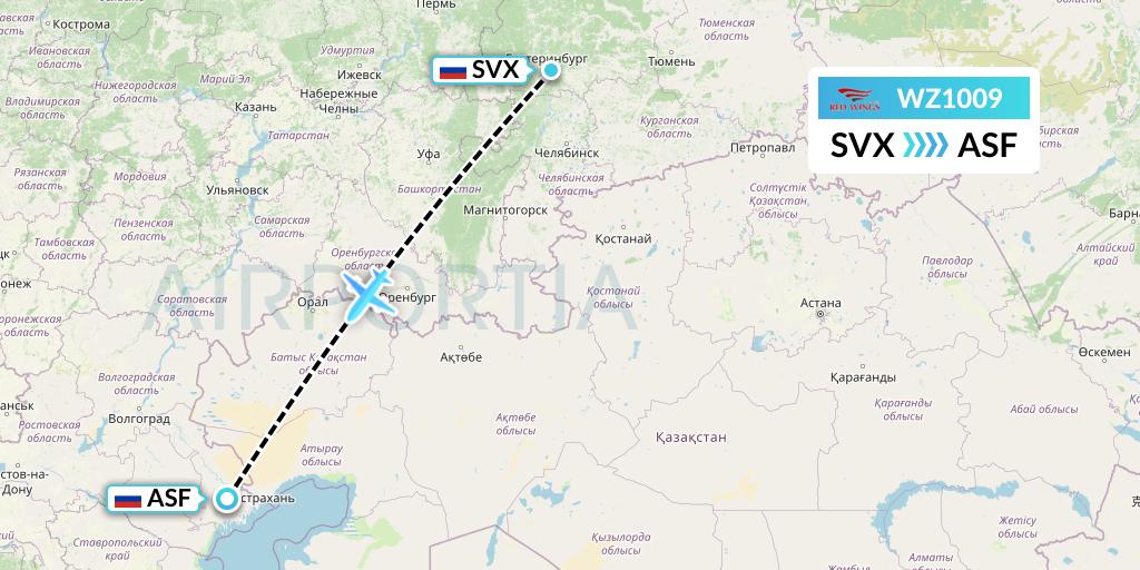 WZ1009 Red Wings Flight Map: Yekaterinburg to Astrakhan