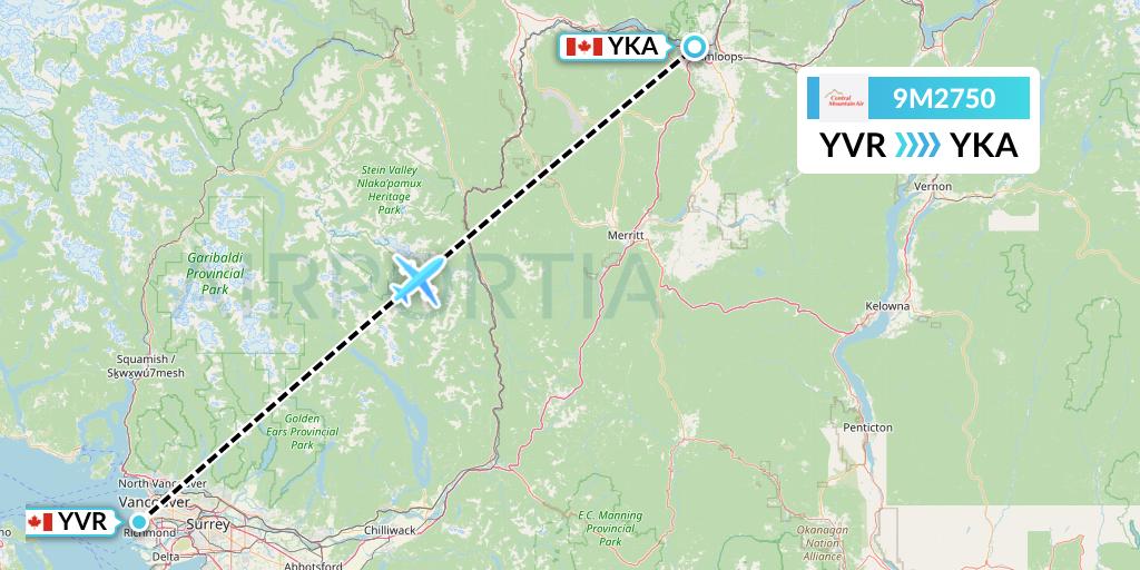 9M2750 Central Mountain Air Flight Map: Vancouver to Kamloops