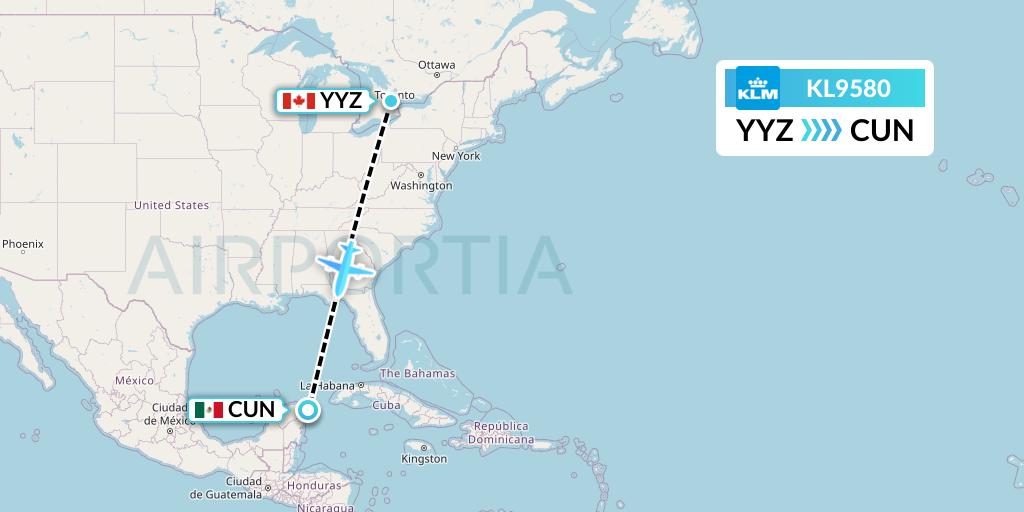 KL9580 KLM Flight Map: Toronto to Cancun