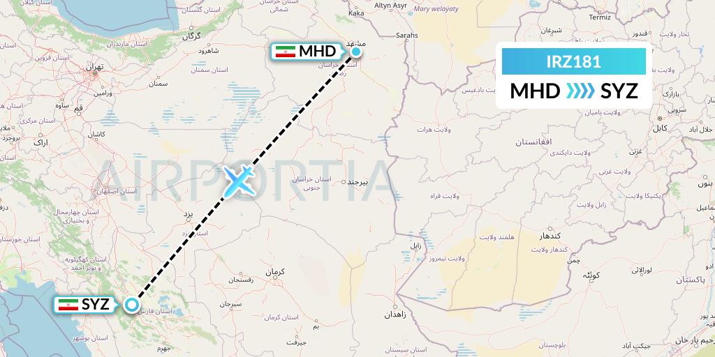 IRZ181 Saha Airlines Flight Map: Mashhad to Shiraz