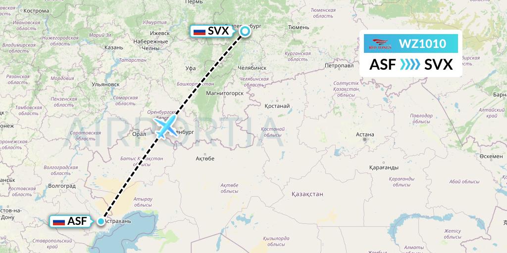 WZ1010 Red Wings Flight Map: Astrakhan to Yekaterinburg
