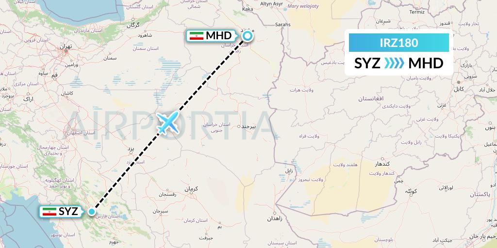 IRZ180 Saha Airlines Flight Map: Shiraz to Mashhad