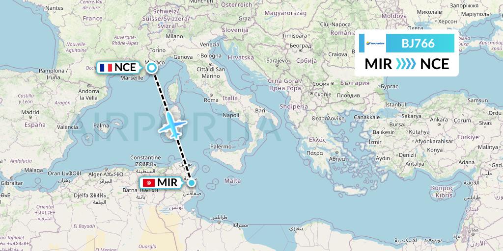 BJ766 Nouvelair Tunisie Flight Map: Monastir to Nice