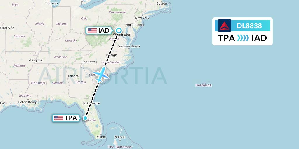 DL8838 Delta Air Lines Flight Map: Tampa to Washington