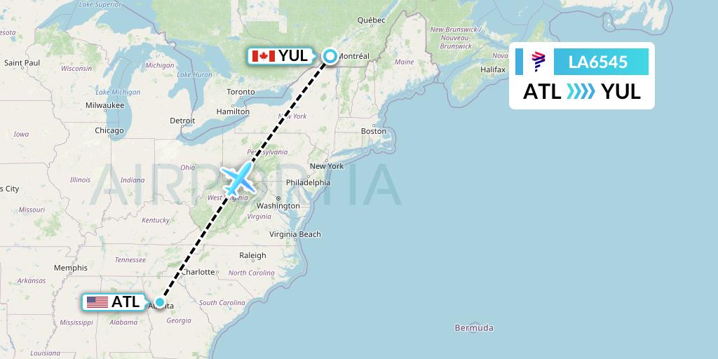 LA6545 LAN Airlines Flight Map: Atlanta to Montreal