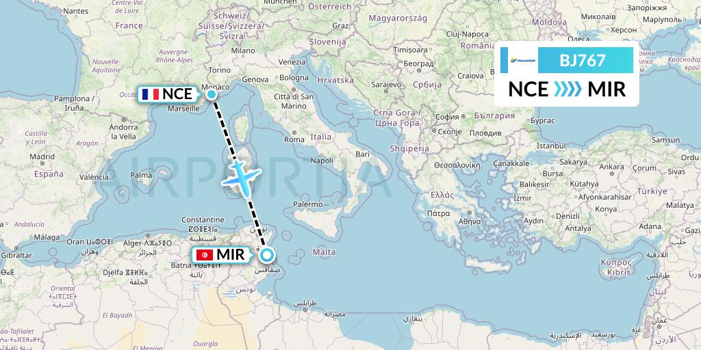 BJ767 Nouvelair Tunisie Flight Map: Nice to Monastir